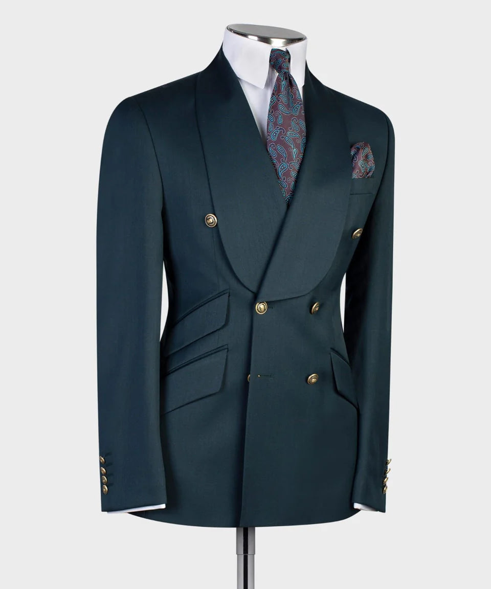 Dark Green Double-breasted 2-piece Shawl Lapel Suit