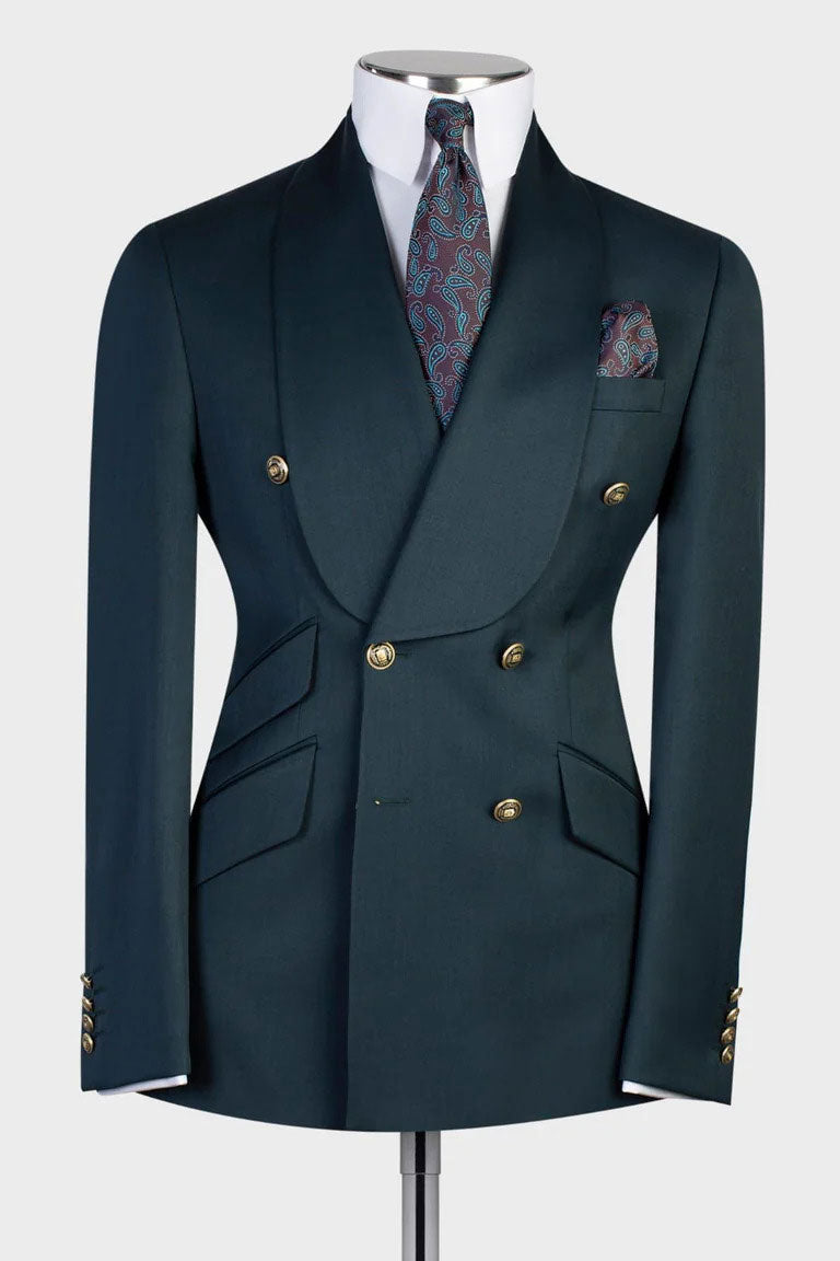 Dark Green Double-breasted 2-piece Shawl Lapel Suit