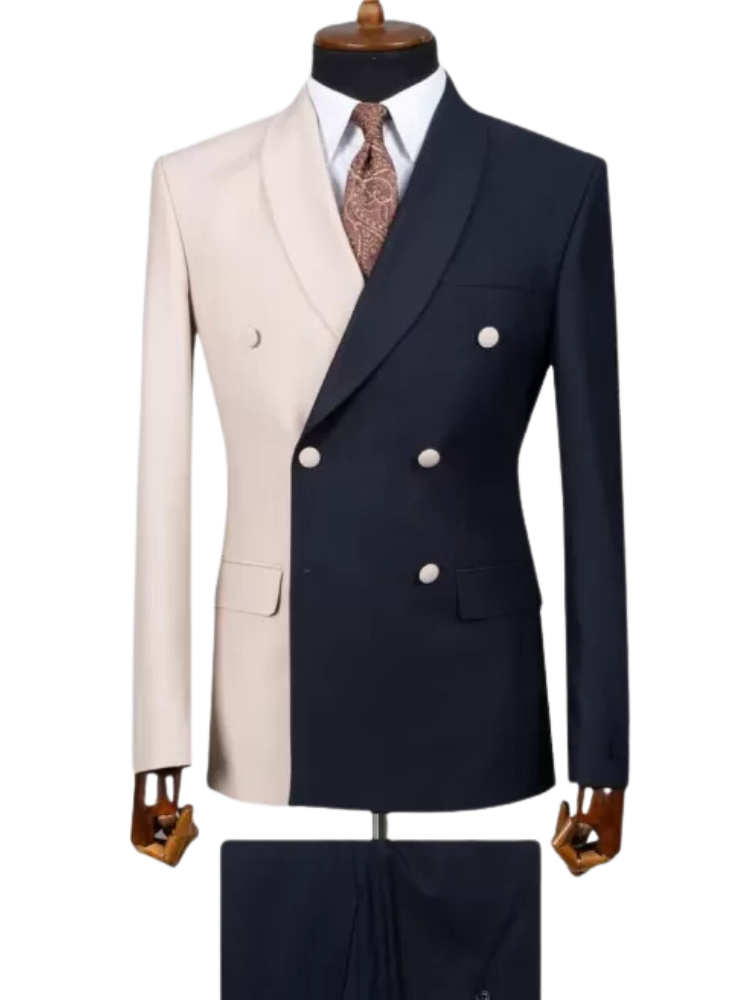 2 Piece Double Breasted Peak Lapel Men's Suits Navy/Beige