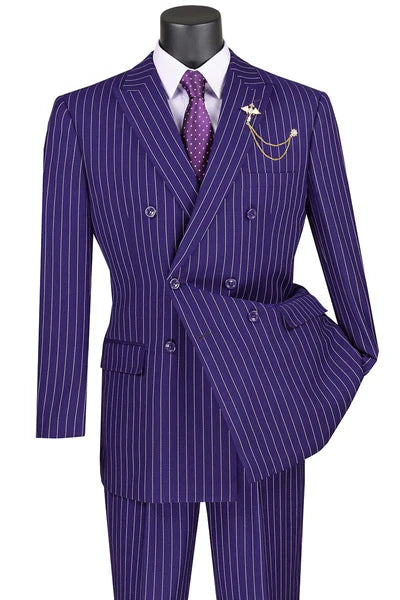 Purple Peaked Lapel Striped 2-piece Double Breasted Suits