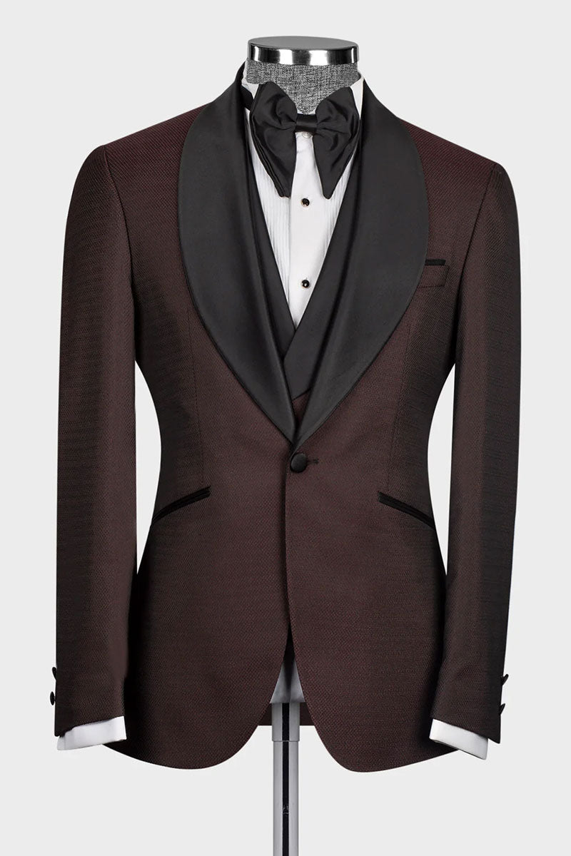 Burgundy 3-piece Shawl Lapel Single Breasted Tuxedo