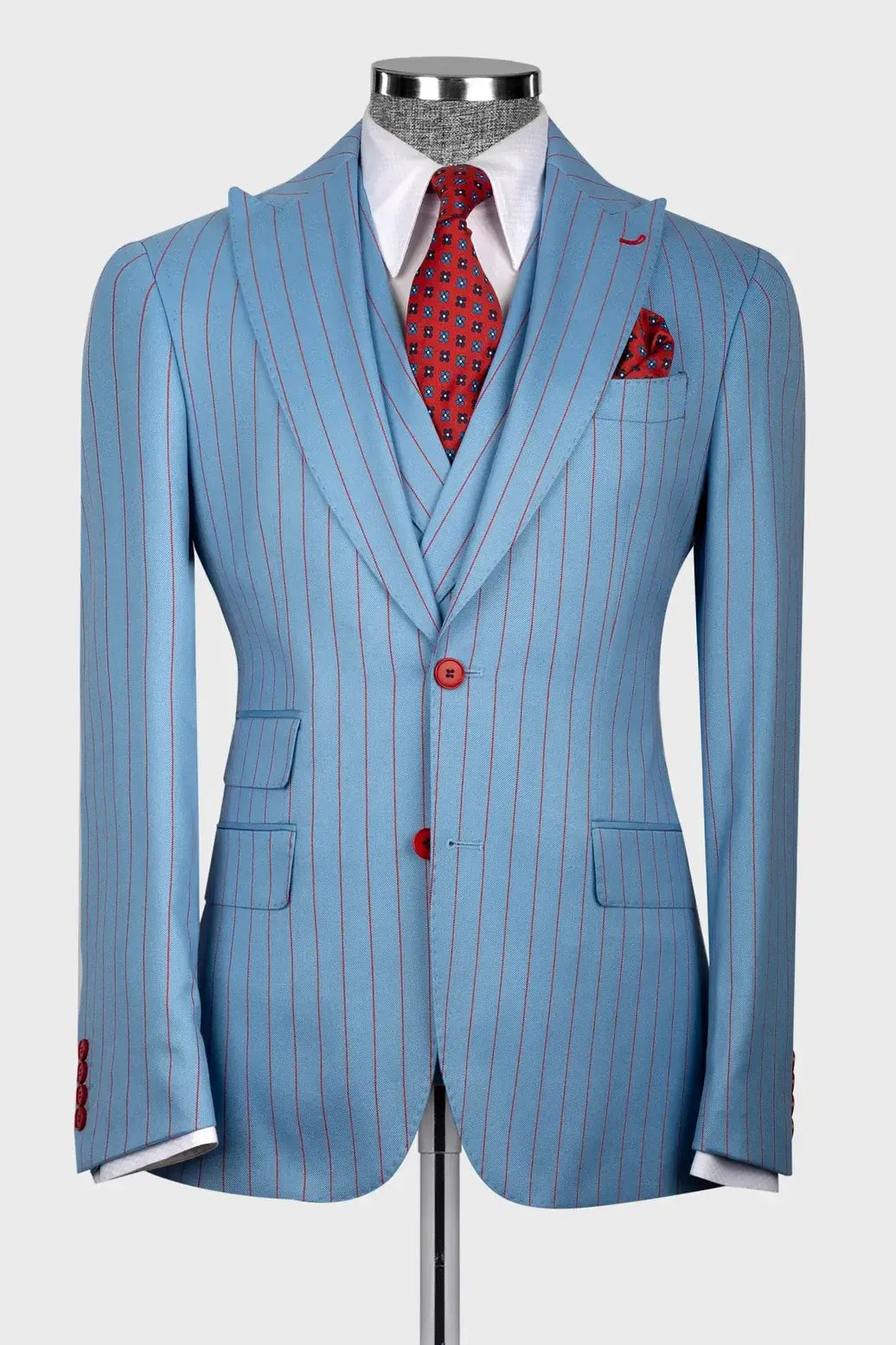 Chic Blue Single-breasted 3-piece Peaked Lapel Striped Suits