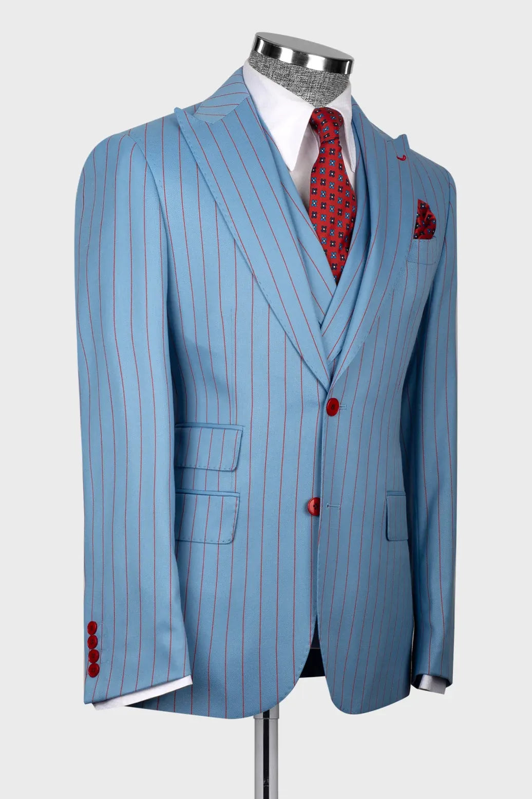 Chic Blue Single-breasted 3-piece Peaked Lapel Striped Suits