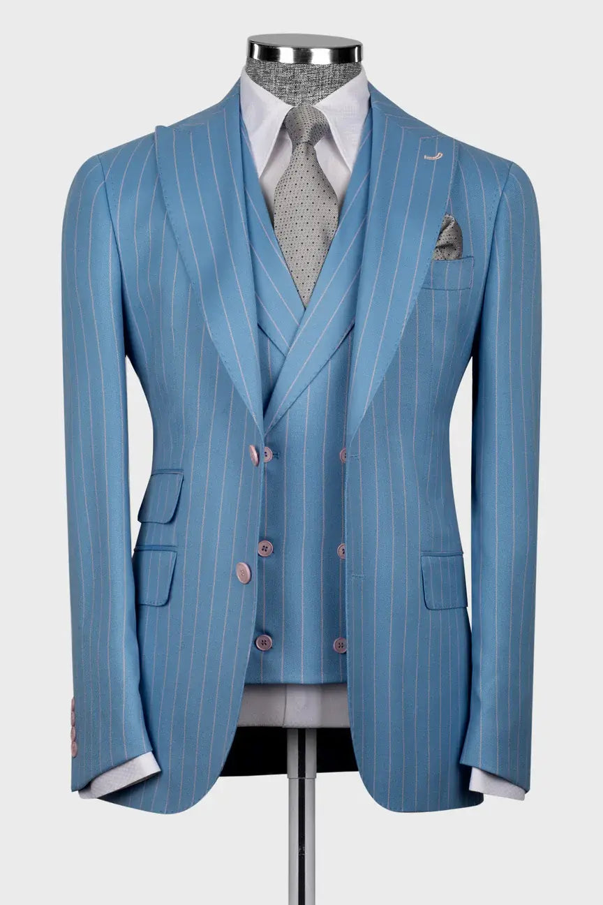 3 Piece Peak Lapel Single Breasted Light Blue Striped Suit