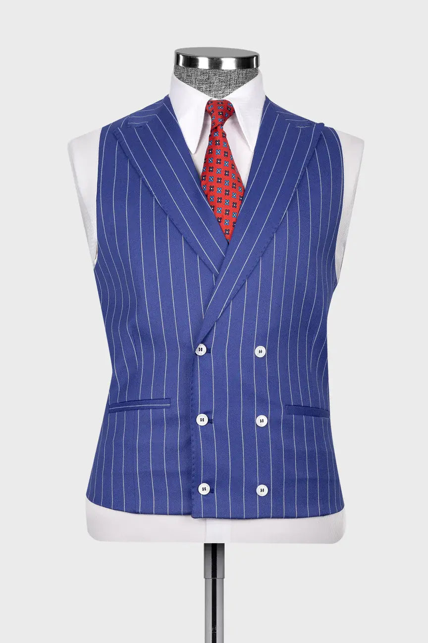 Blue 3-piece Single-breasted Peak Lapel Stripe Suit