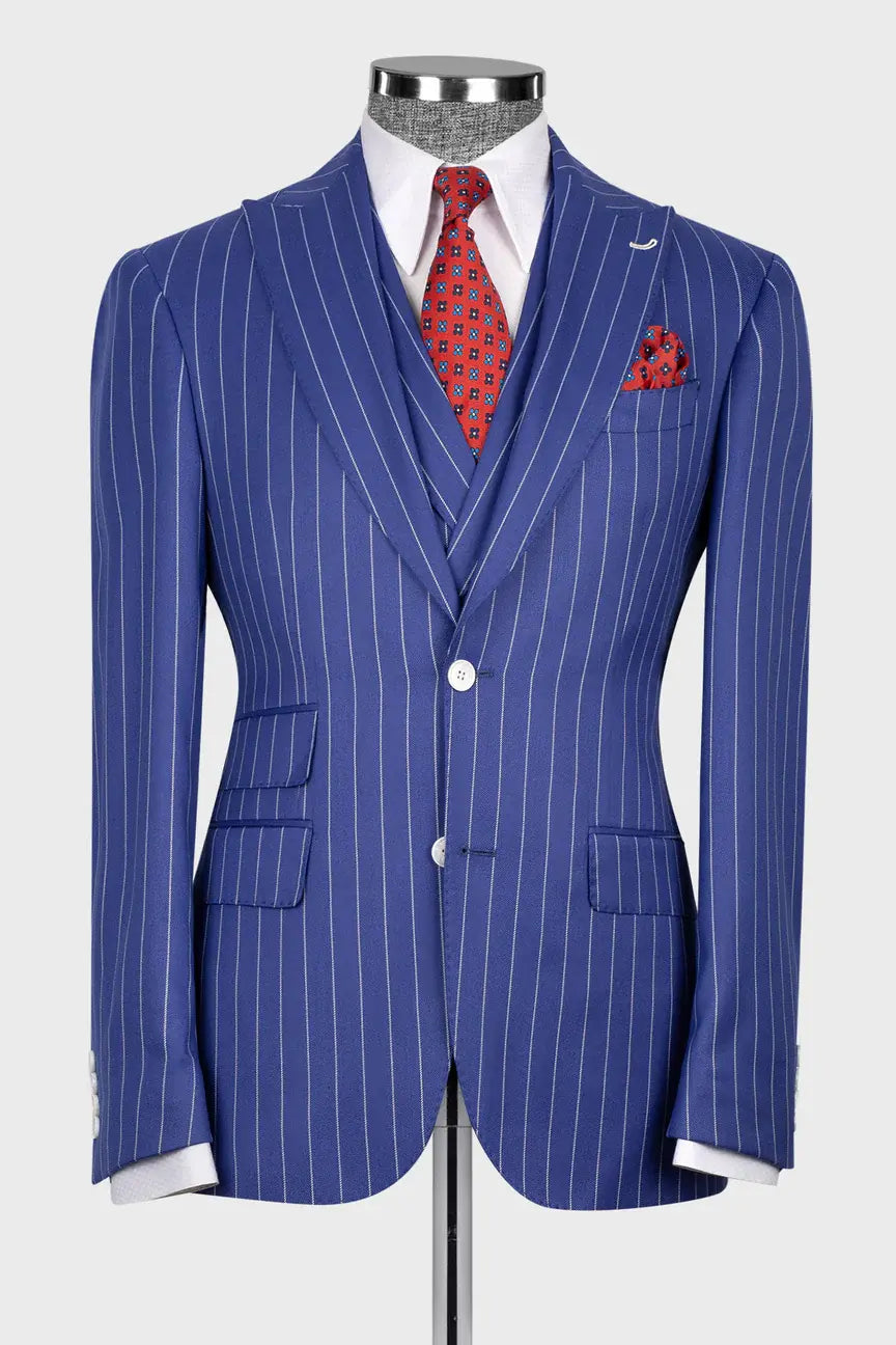 Blue 3-piece Single-breasted Peak Lapel Stripe Suit