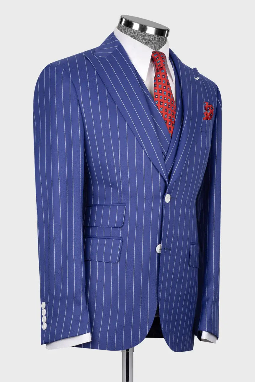 Blue 3-piece Single-breasted Peak Lapel Stripe Suit