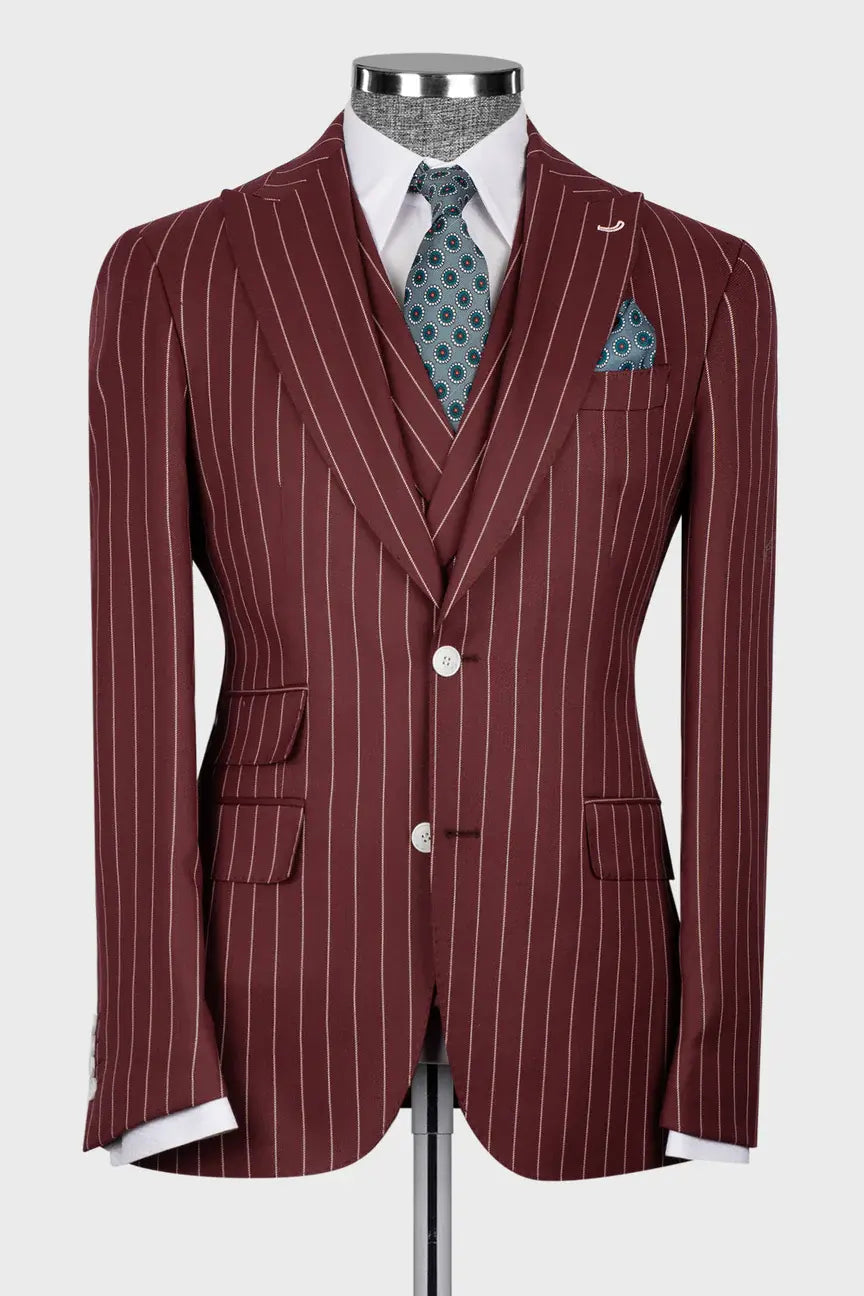 Burgundy 3-piece Single-breasted Peak Lapel Suit