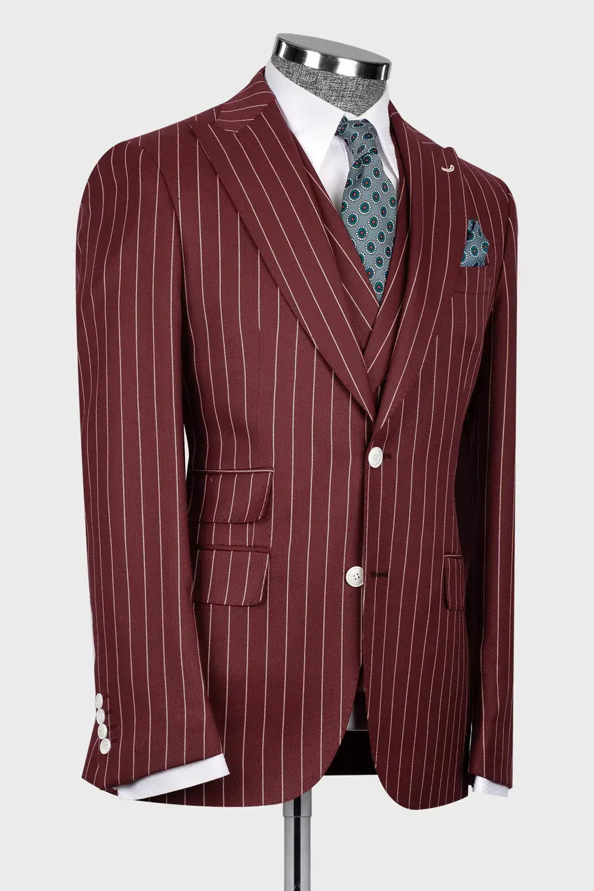 Burgundy 3-piece Single-breasted Peak Lapel Suit