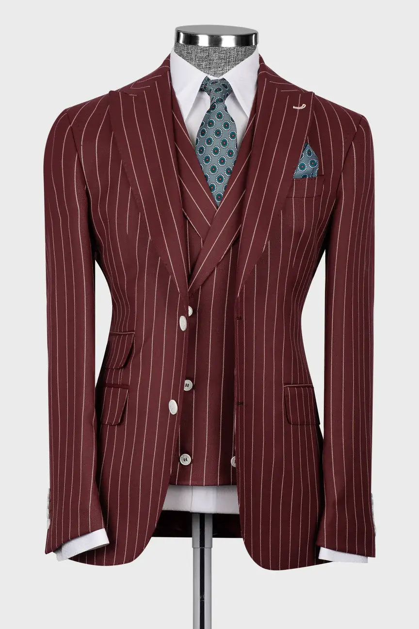 Burgundy 3-piece Single-breasted Peak Lapel Suit