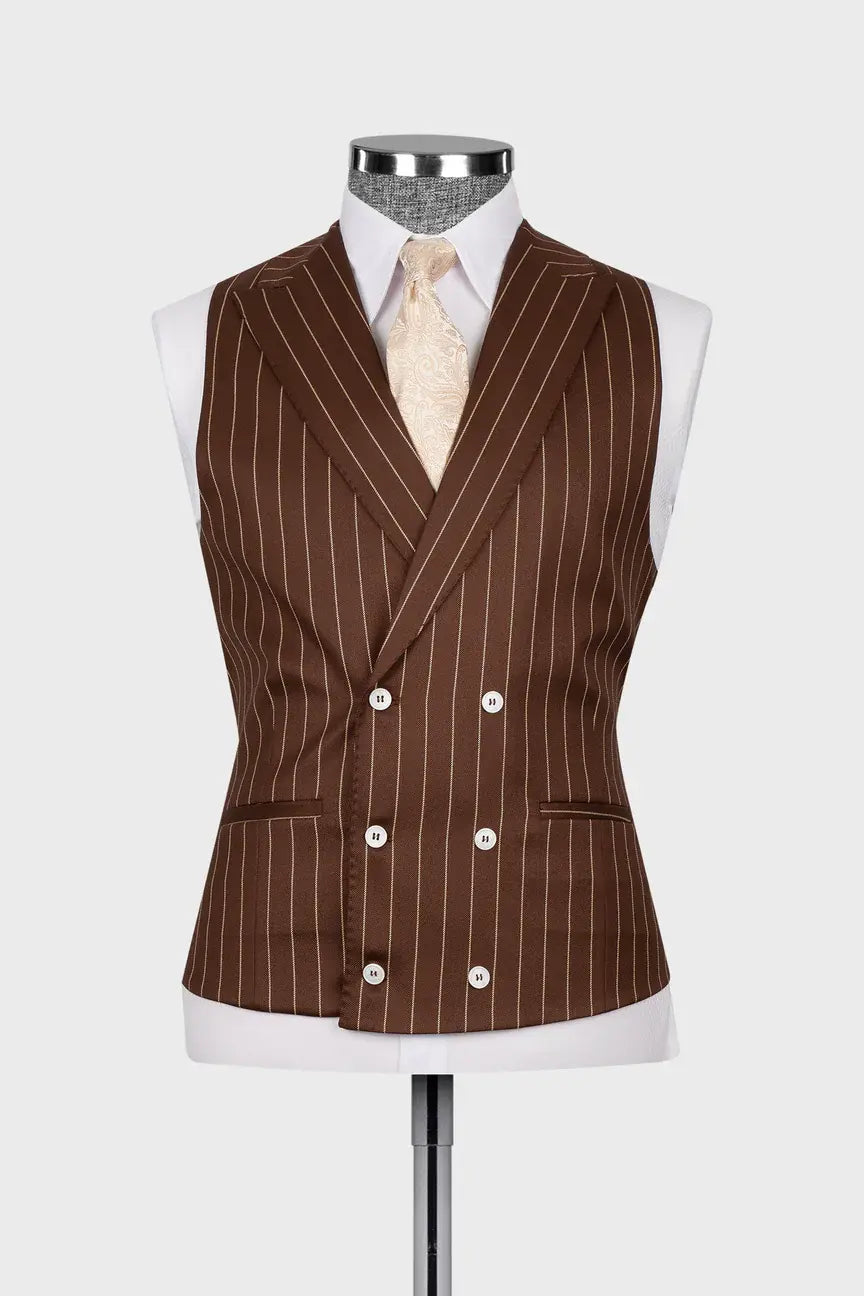 Brown 3-piece Single-breasted Peak Lapel Stripe Suit