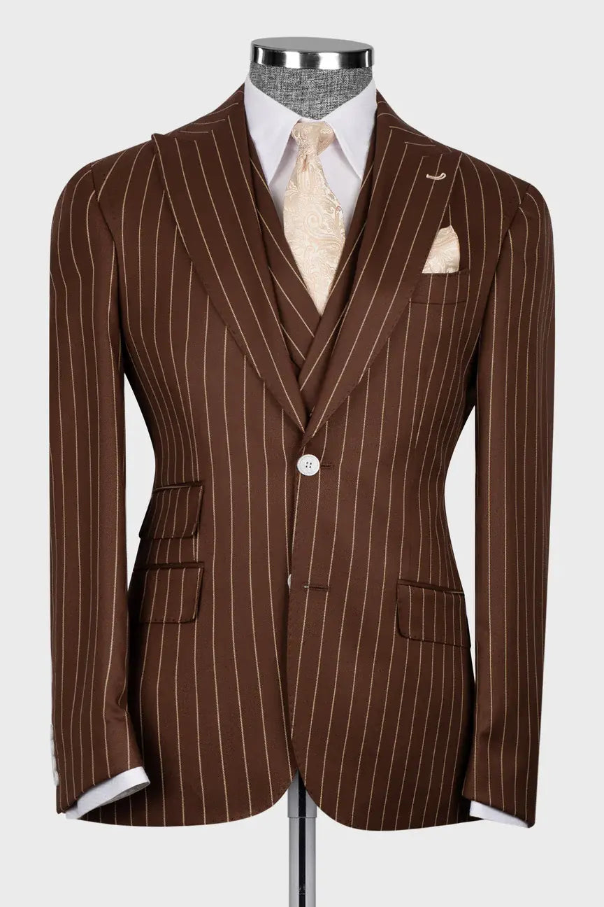 Brown 3-piece Single-breasted Peak Lapel Stripe Suit