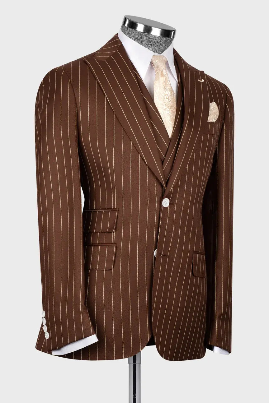 Brown 3-piece Single-breasted Peak Lapel Stripe Suit