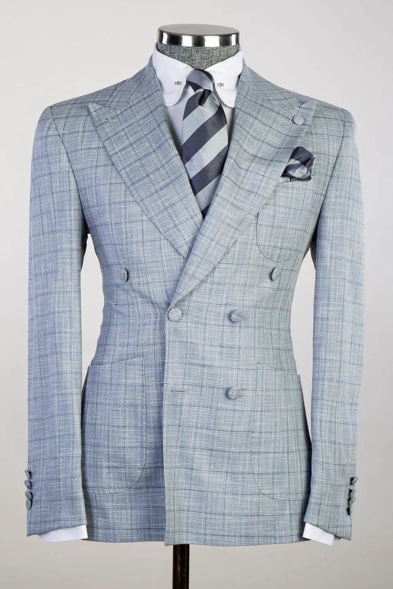 Blue Casual Plaid Double Breasted Suit
