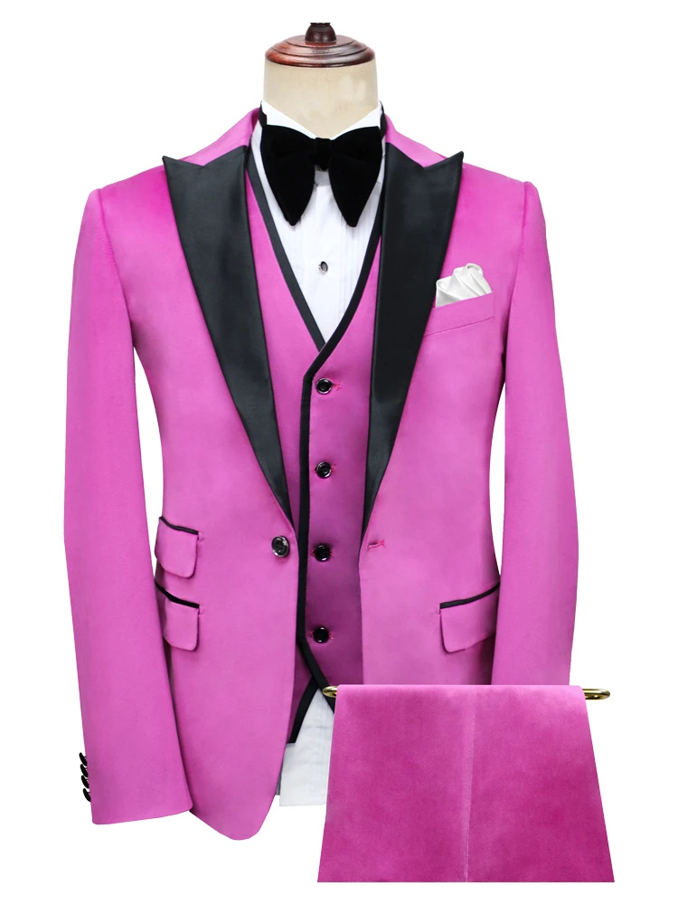 Luxury Stylish Pink 3 Piece Peak Lapel Single Breasted Tuxedo