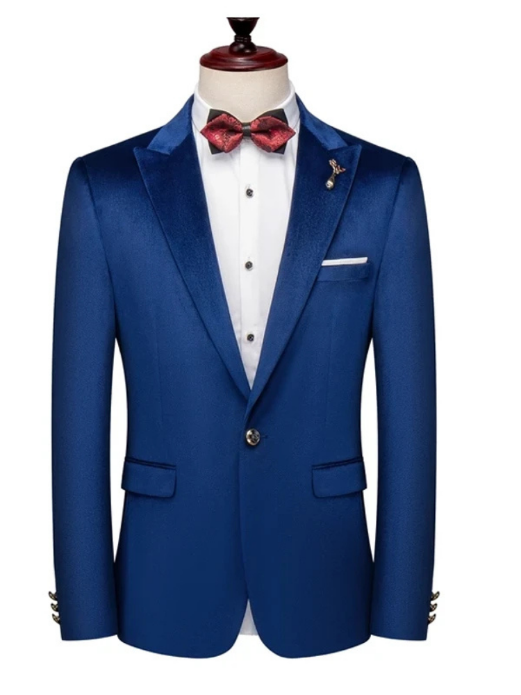 Luxury Slim Fit Two Piece Peak Lapel Blue Velour Wedding and Prom Men Suits