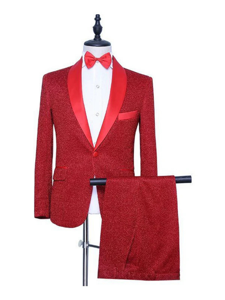 Latest Elegant Red Satin Shawl Lapel Two Piece Wedding and Prom Men Suits