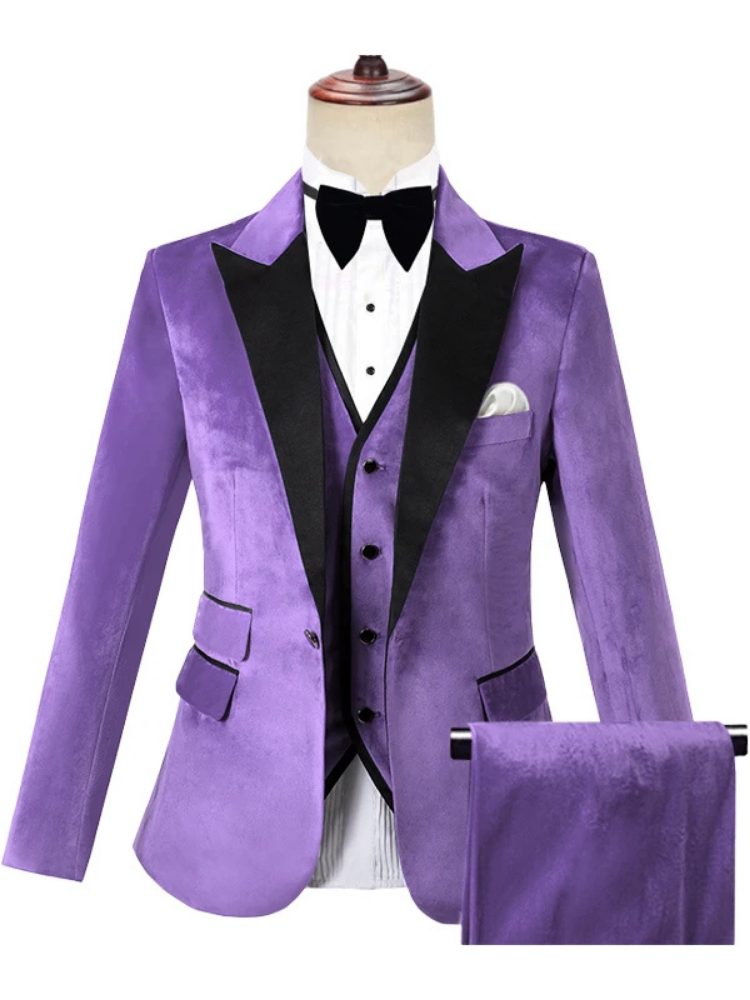 Modern Handsome Purple Three Piece Peak Lapel Velvet Slim Fit Tuxedo Prom Costume