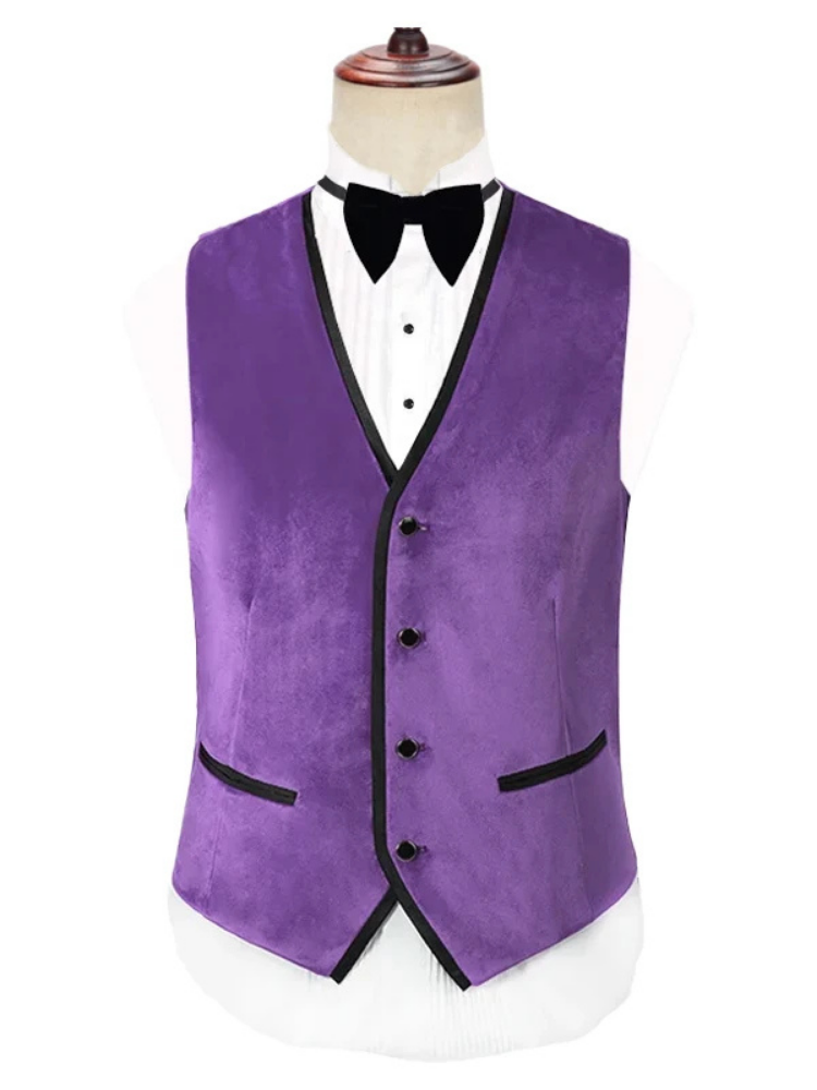 Modern Handsome Purple Three Piece Peak Lapel Velvet Slim Fit Tuxedo Prom Costume