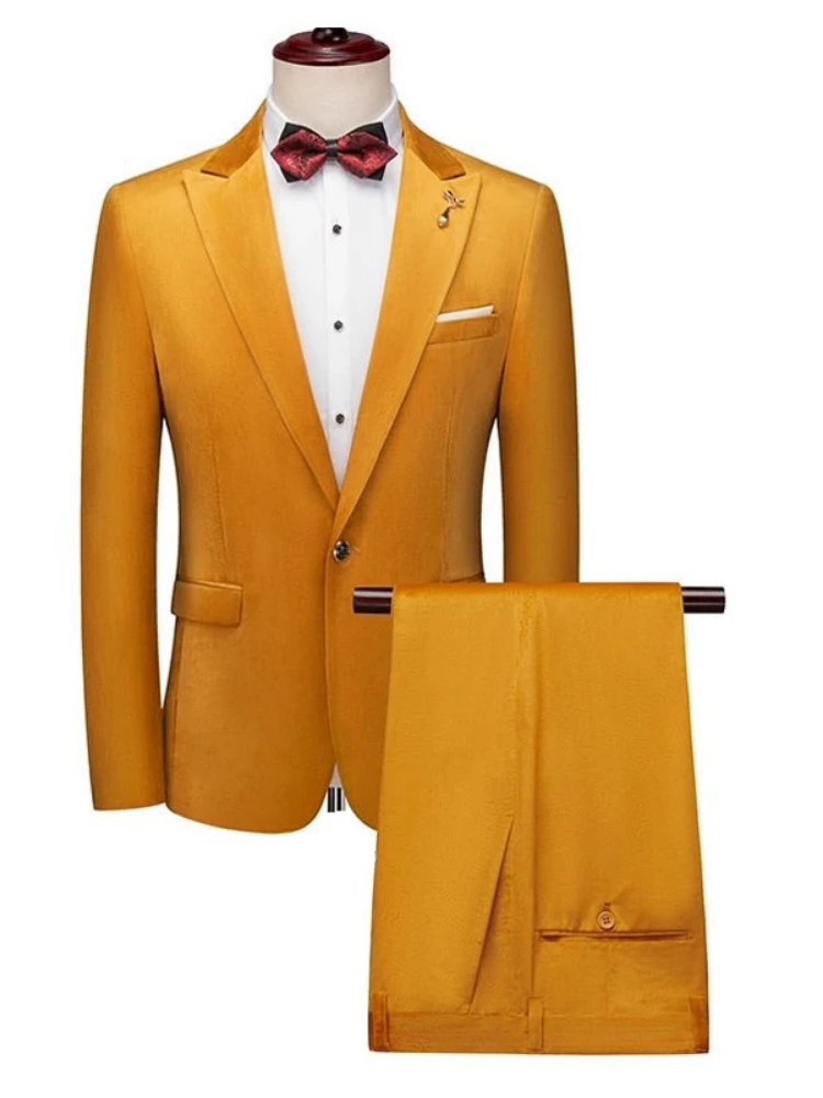 Elegant Two Piece Peak Lapel Orange Slim Fit Velour Wedding and Prom Men Suits