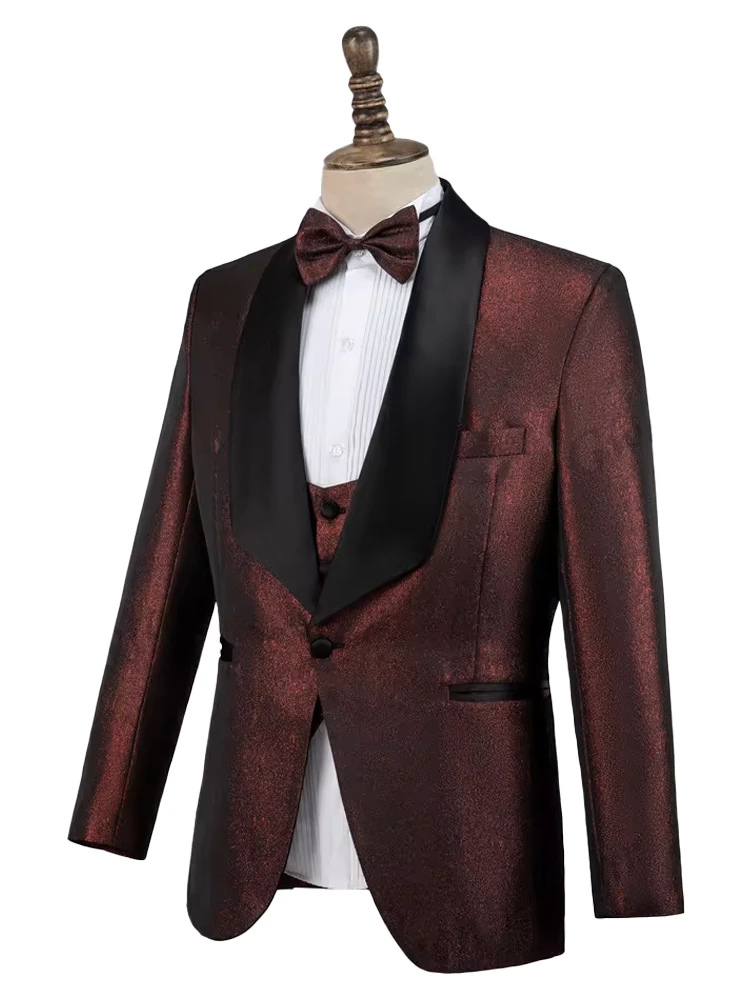 Handsome Elegant 3-Piece Shinny Burgundy Shawl Lapel Wedding Tuxedos