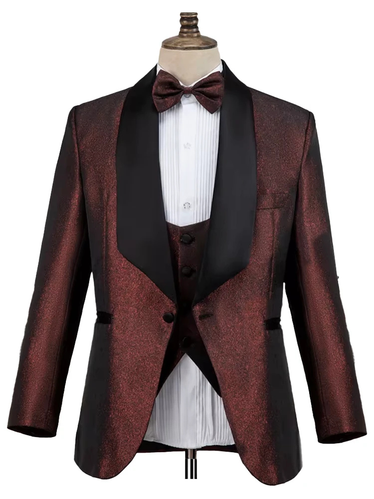 Handsome Elegant 3-Piece Shinny Burgundy Shawl Lapel Wedding Tuxedos