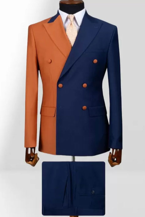 2 Piece Double Breasted Peak Lapel Men Suit Orange/Blue