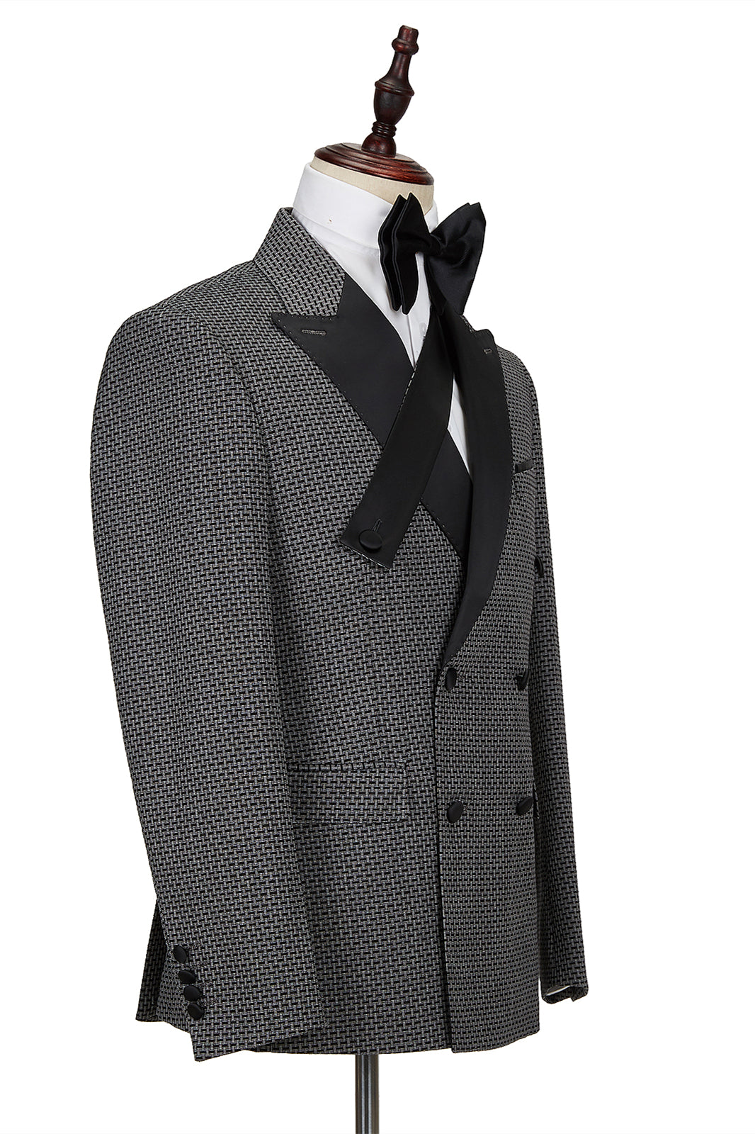Bespoke Black-and-Gray Cruciform Peaked Lapel Double Breasted Men Suits