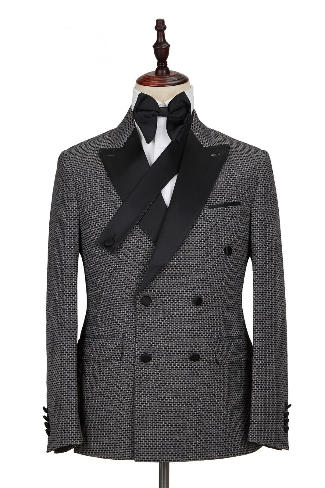 Bespoke Black-and-Gray Cruciform Peaked Lapel Double Breasted Men Suits