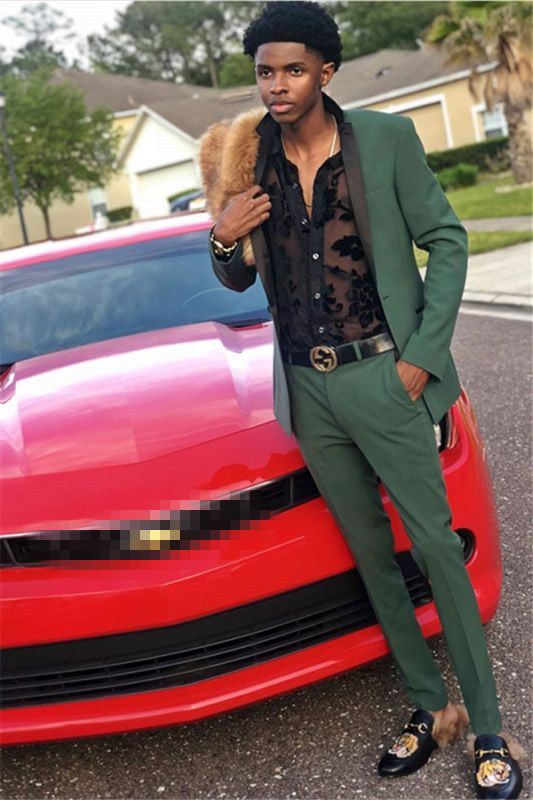 Bespoke Dark Green 2 Pieces Black Silk Notch Lapel Prom Suit