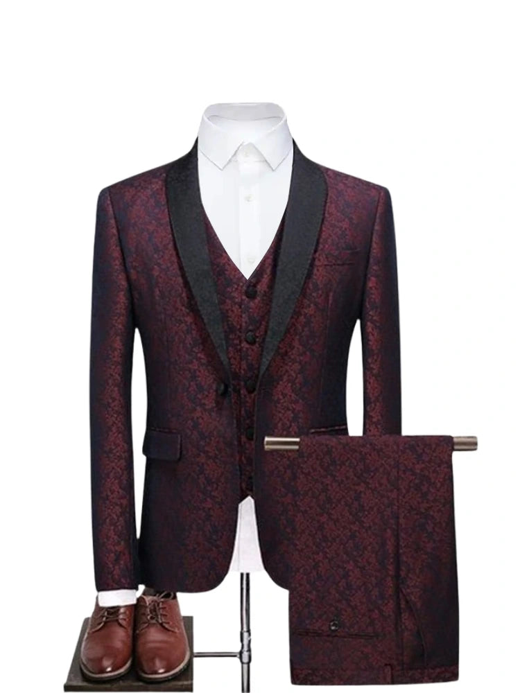 3 Piece Shawl Lapel Burgundy Single Breasted Suit