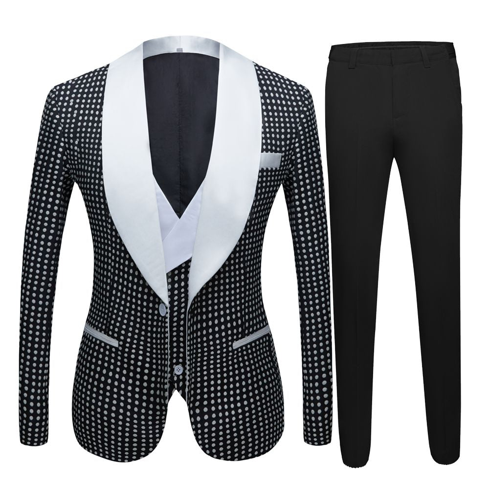 Black Dot Slim Fit White Shawl Lapel Wedding Tuxedo for Men