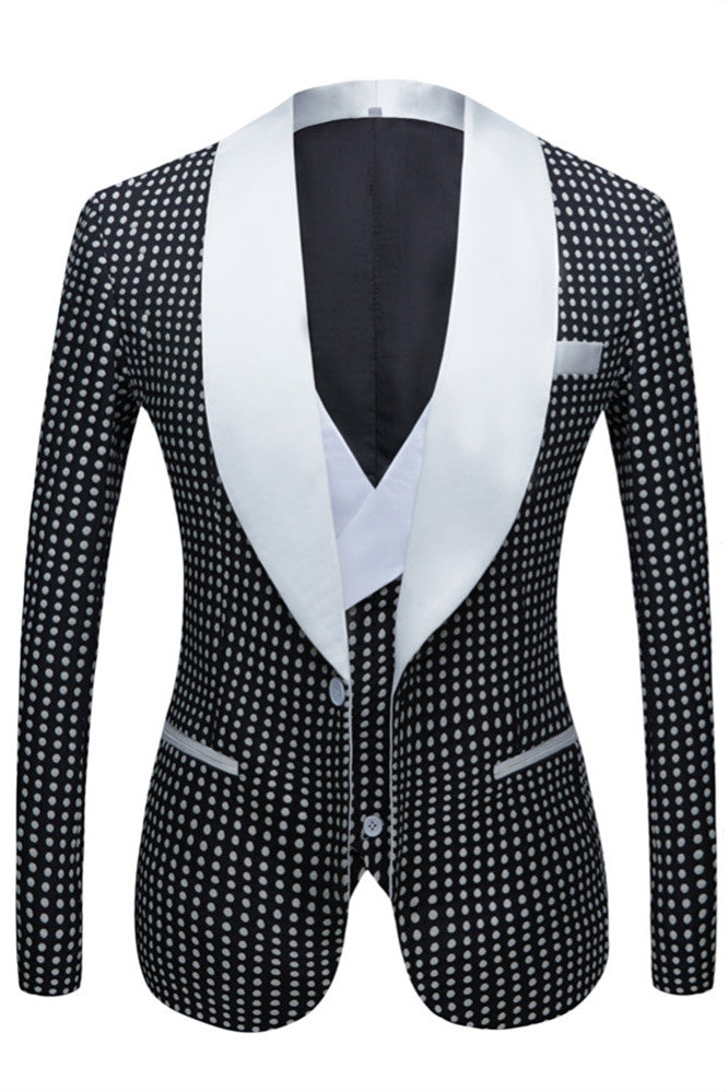 Black Dot Slim Fit White Shawl Lapel Wedding Tuxedo for Men