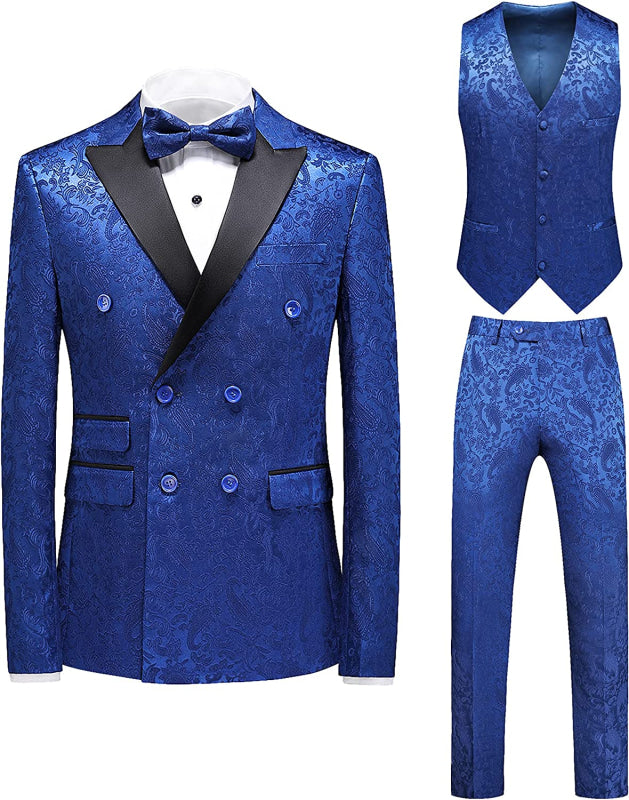 Blue Jacquard Double Breasted 3 Pieces Prom Suit