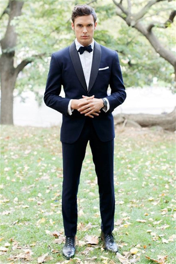 Navy Blue Shawl Lapel Bespoke Wedding Tuxedo Two Pieces Slim Fit Men Suits