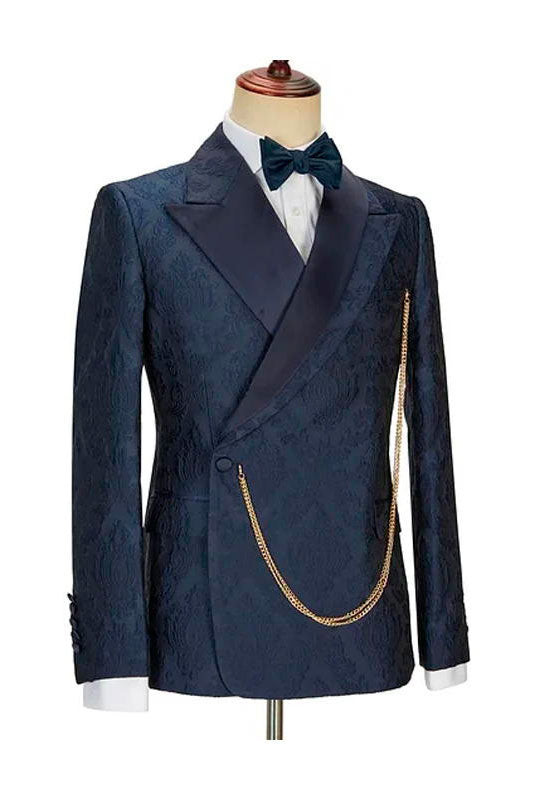 Navy Blue 2 Piece Jacquard Peaked Lapel Floral Tuxedo