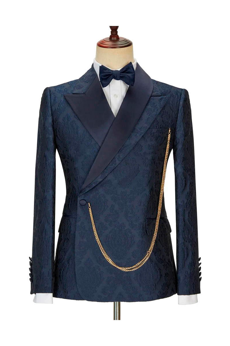Navy Blue 2 Piece Jacquard Peaked Lapel Floral Tuxedo