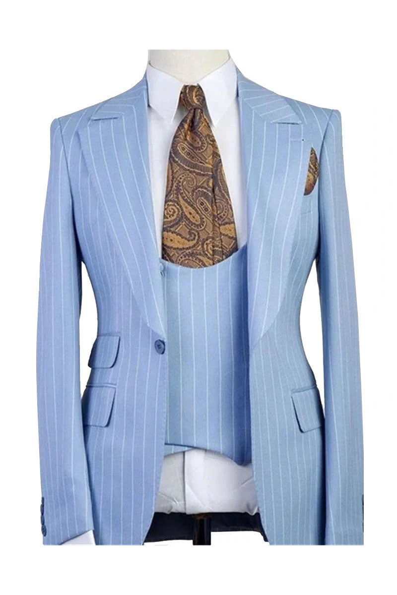 Light Blue Stripe Peaked Lapel Three-pieces Men Suits