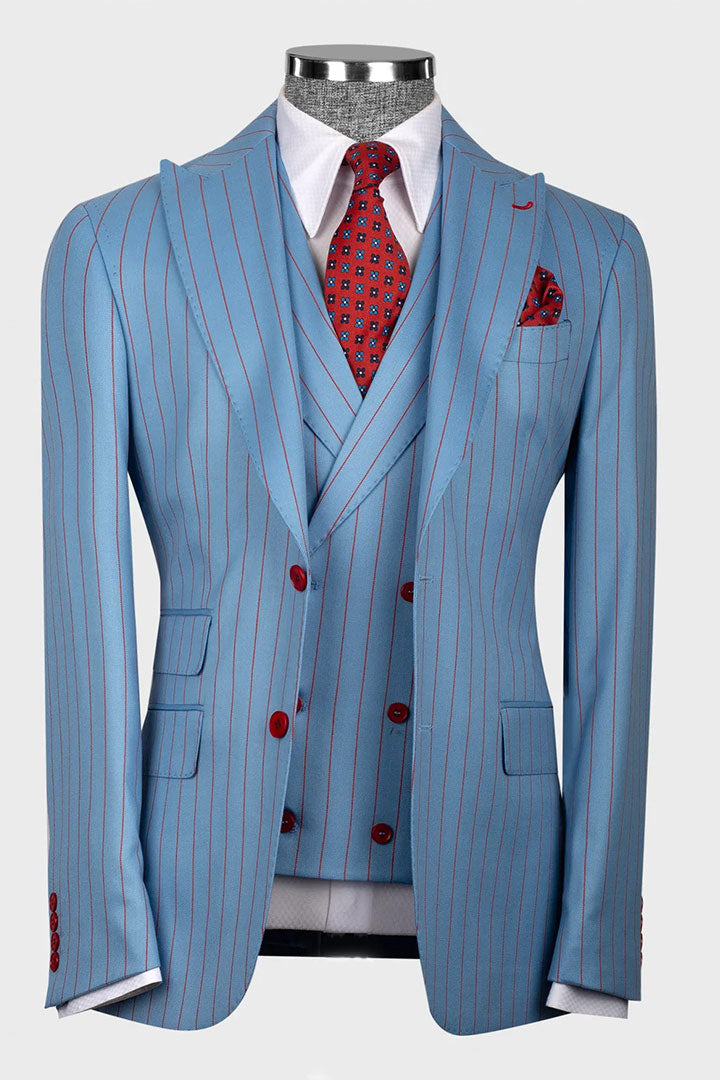 Chic Blue Single-breasted 3-piece Peaked Lapel Striped Suits