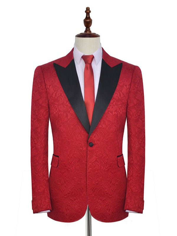 Bright Red Jacquard Peak Lapel with Black Silk Classy Mens Suits