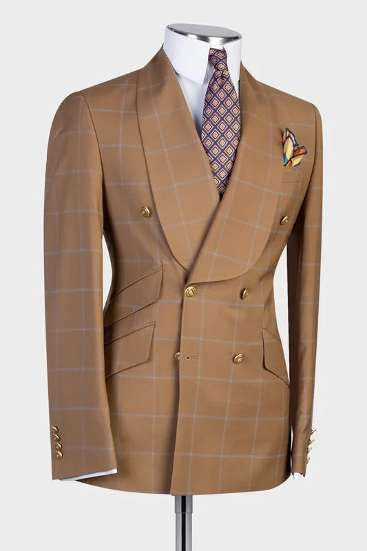Brown Shawl Lapel Plaid Double Breasted 2-piece Men's Suit