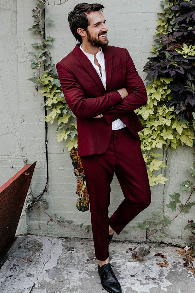 Burgundy Peaked Lapel Single Breasted Designer Prom Outfits