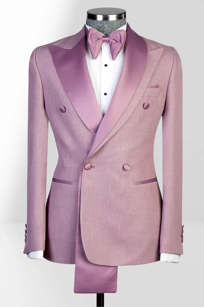 Pink Purple Peaked Lapel Double Breasted 2-pieces Suits with Long Hem