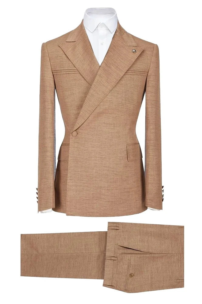 2 Piece One-button Peak Lapel Khaki Suit