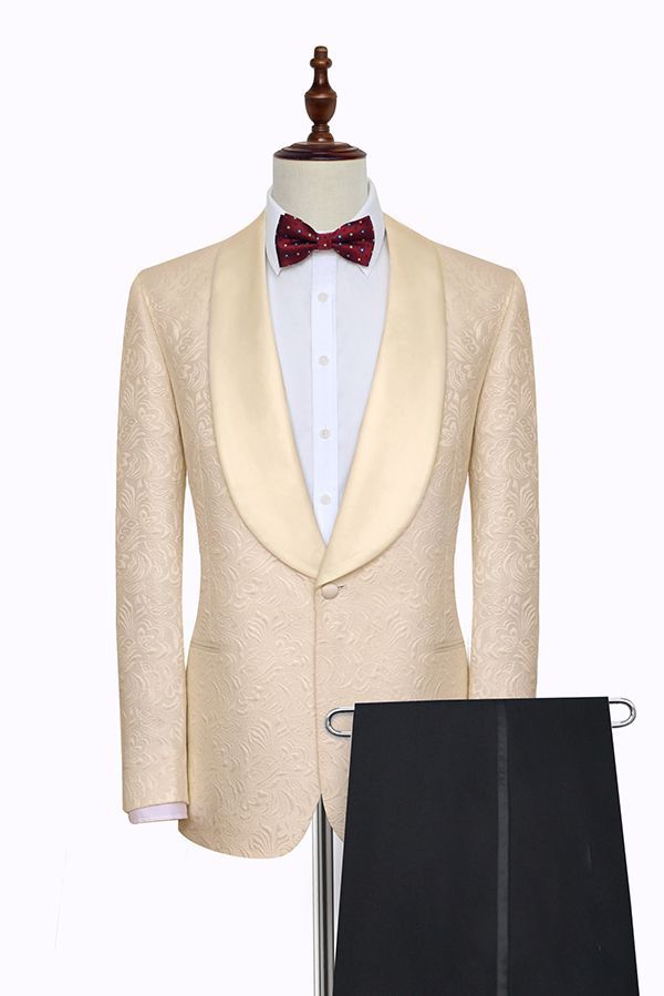 Champagne Jacquard Wedding Floral Tuxedo for Groom