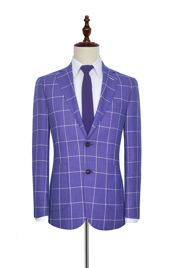 Check Pattern Patch Pocket Purple Suits Notch Lapel Formal Suits