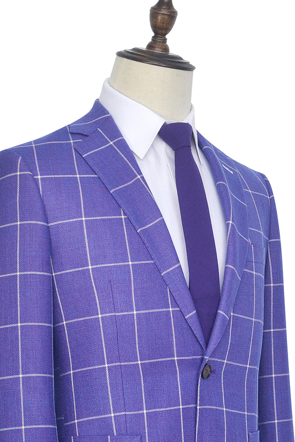 Check Pattern Patch Pocket Purple Suits Notch Lapel Formal Suits