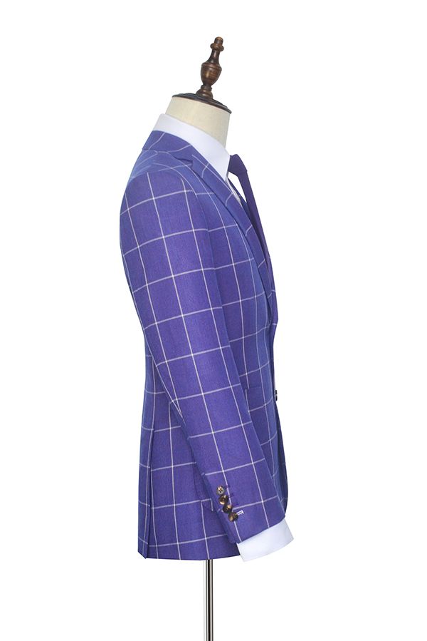 Check Pattern Patch Pocket Purple Suits Notch Lapel Formal Suits
