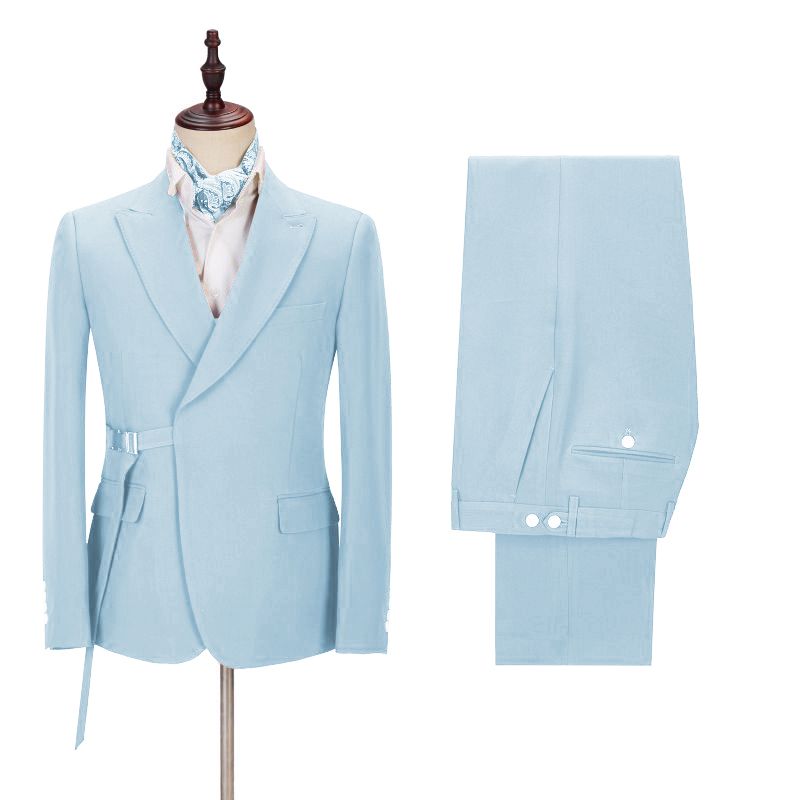Chic Bespoke Light Blue Peaked Lapel Men Suits with Adjustable Buckle