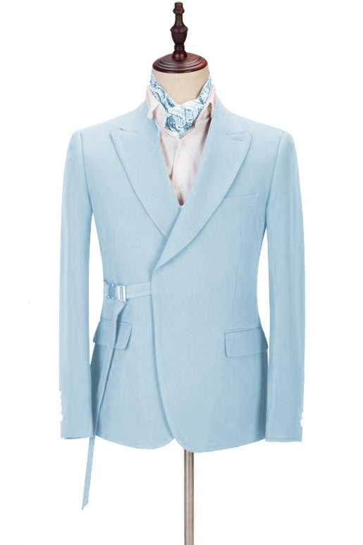 Chic Bespoke Light Blue Peaked Lapel Men Suits with Adjustable Buckle